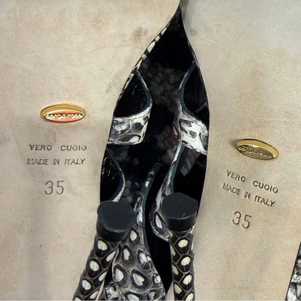 NWOT Sergio Rossi ‘Meccano Elaphe’ Cutout Heeled Sandals in Cream & Gray Snake 5